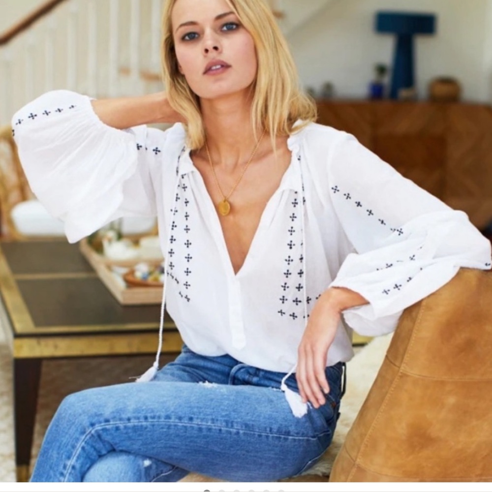 EMERSON FRY India Collection Bardot Top Poet Blouse Embroidered Organic Cotton S